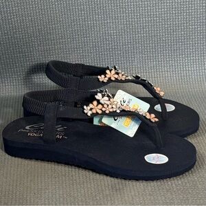 Skechers Meditation Glass Daisy Navy Multi Women’s Slingback Thong Sandals Sz 8